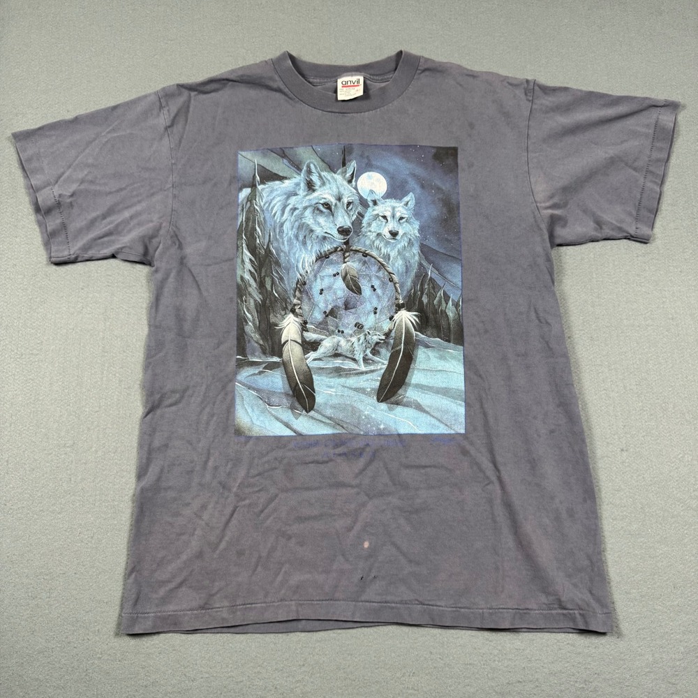 Vintage Anvil Alaska Wolf Dreamcatcher Graphic T-Shirt Gray Mens Large USA Made